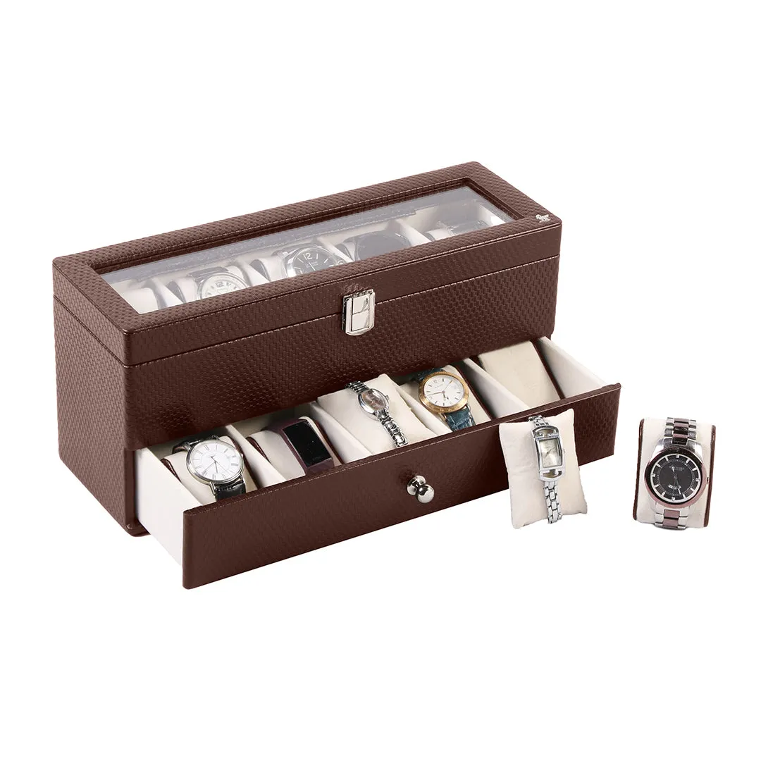 Bronx II Leather Watch Box / Case | 100% Genuine Leather | Can Hold 10 Watches | Acrylic Glass Top | Color:  Brick Brown, Black, Cherry