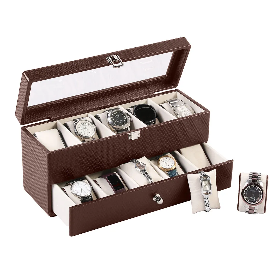 Bronx II Leather Watch Box / Case | 100% Genuine Leather | Can Hold 10 Watches | Acrylic Glass Top | Color:  Brick Brown, Black, Cherry