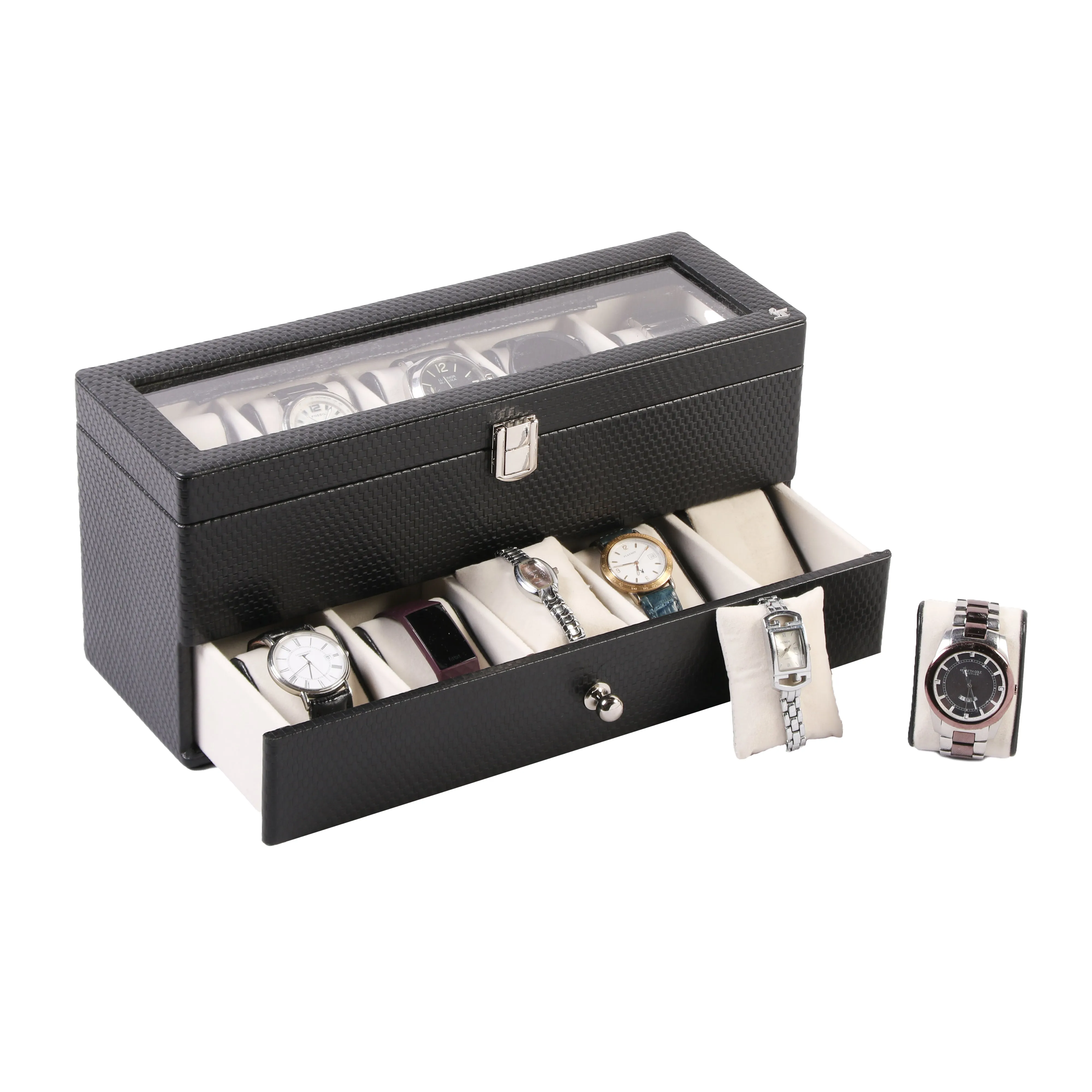 Bronx II Leather Watch Box / Case | 100% Genuine Leather | Can Hold 10 Watches | Acrylic Glass Top | Color:  Brick Brown, Black, Cherry