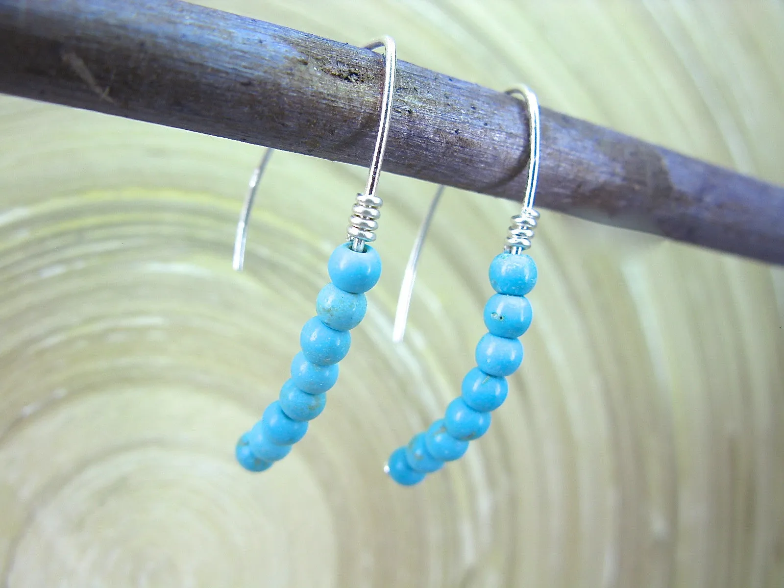 Turquoise Bead Line 925 Sterling Silver Ear Wire Earrings